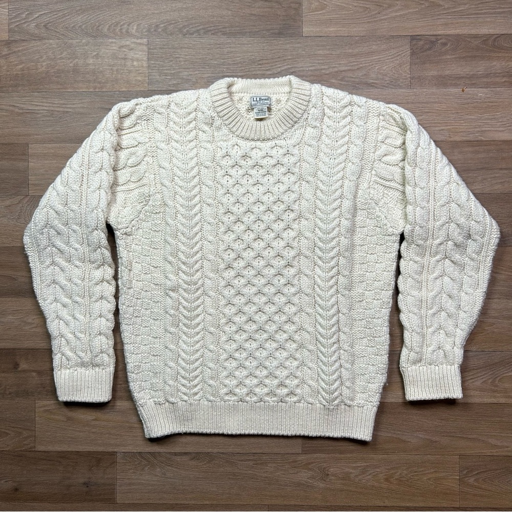 Vintage L.L. Bean 100% Wool Cream Sweater Size Medium Fisherman Made In Ireland
